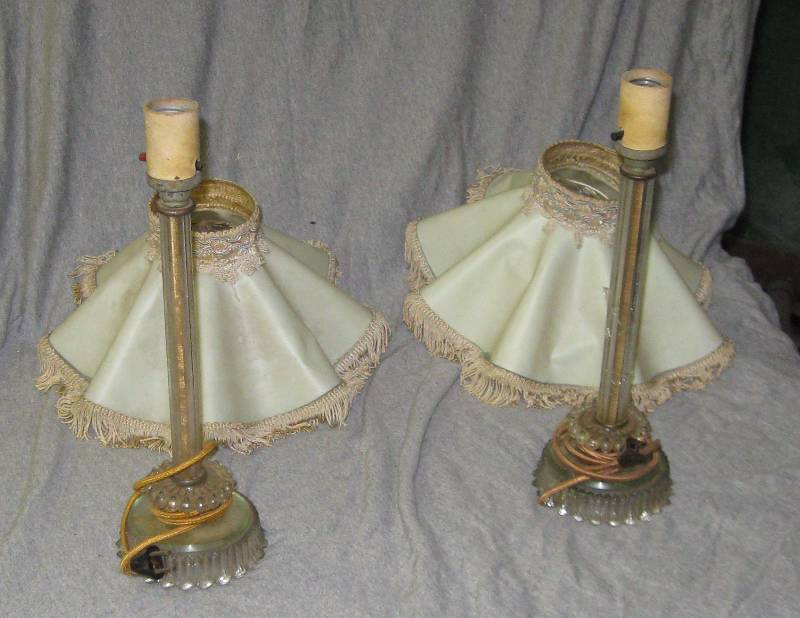 lot 2575 image: Lot of 2 Old, Unique Lamps w Glass Stems (1 shade is damaged. 1 plug is damaged.) see photos