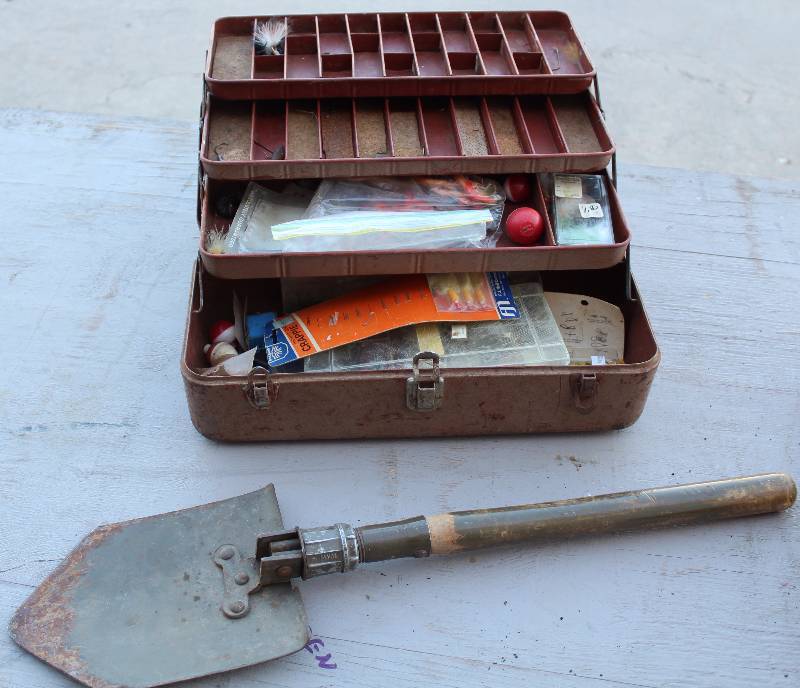 lot 3035 image: Trench Shovel and Tackle Box w Contents
