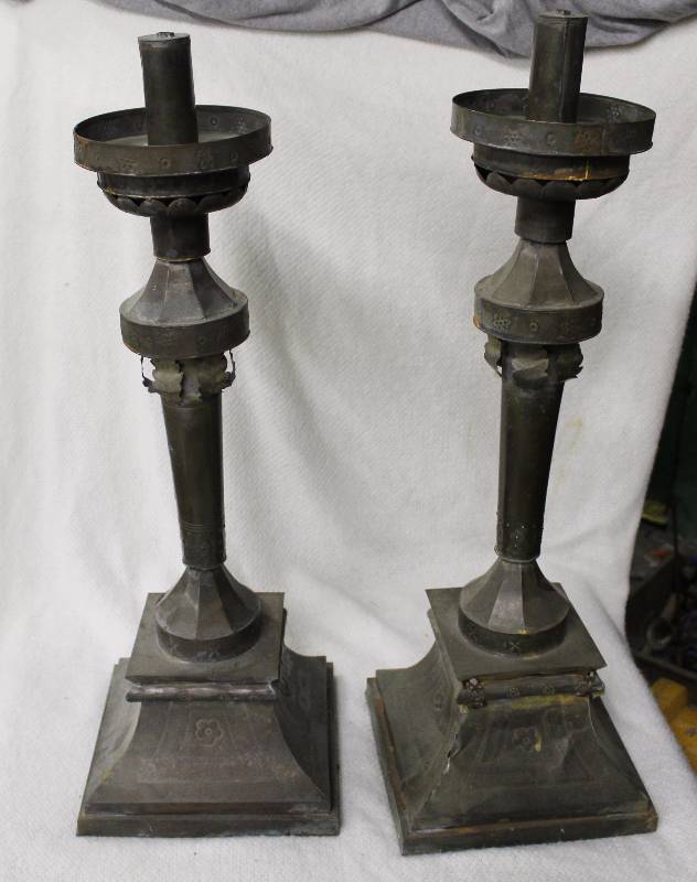 lot 3037 image: Lot of 2 Unique Metal Decorated Stands - 1 lost its weighted base (stop by by the preview to check these out)