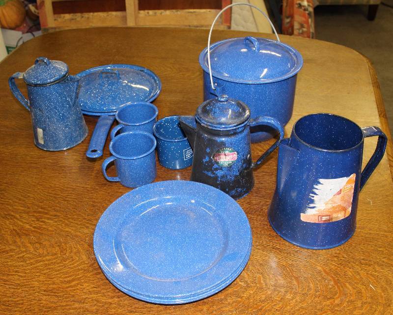 lot 3076 image: Lot of Blue Enamel Camp ware - See Photo Lets go Camping
