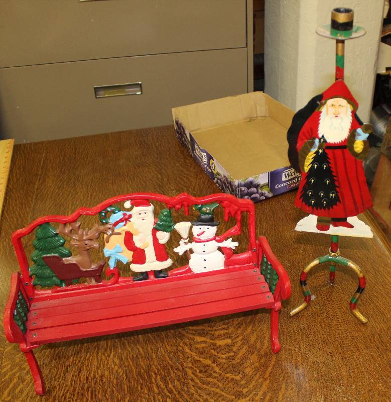 lot 3089 image: Metal Santa Candle Stick and Cast Iron Bench (doll size) - see photo
