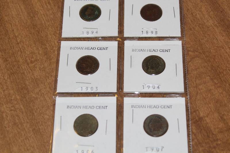 lot 3181 image: Lot of 6 - Indian Head Pennies 1894, 1898, 1903, 1904, 1906, 1907, Penny, Coin