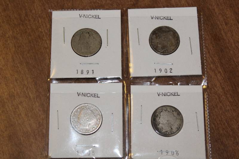 lot 3182 image: Lot of 4 V-Nickels - 1891, 1902, 1905, 1906 Nickel Coins