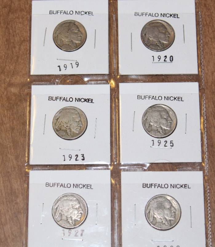 lot 3183 image: Lot of 5 Buffalo Nickels - 1919, 1920, 1923, 1925, 1927, 1929 - Nickel Coins