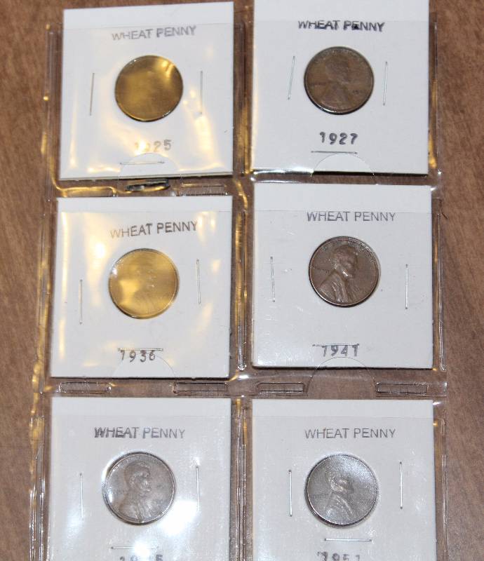 lot 3184 image: Lot of 6 Wheat Pennies - 1925, 1927, 1936, 1941, 1945, 1951 - Penny Coins