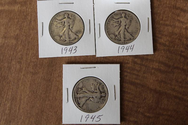 lot 3188 image: Lot of 3 - Walking Liberty Half Dollars - SILVER -  1943, 1944, 1945