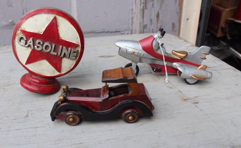 lot 3153 image: Wood Car, Gasoline Dcor, and Rocket Trike Dcor