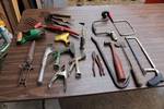 Lot of Tools and Garden Tools - brace, hatchet, hacksaw & crowbar