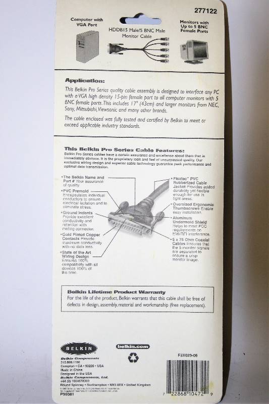 lot 407 image: BELKIN PRO-SERIES 5-BNC MONITOR CABLE (6  1.8m  HDDB15   TO 5-BNC MALE)