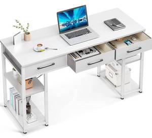 lot 12310 image: ODK Office Small Computer Desk Home Table with Fabric Drawers & Storage Shelves, Modern Writing Desk, White, 48x16