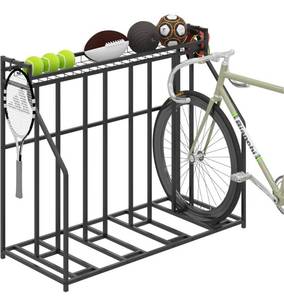 lot 12317 image: $$$ $100 YiLifebes Stand Bike Racks for Garage, 4 Bike Stand Rack with Storage Basket, Metal Floor Bike Parking, Garage Organizer Suitable for Mountain, Hybrid, Adult and Kids Bikes $$$