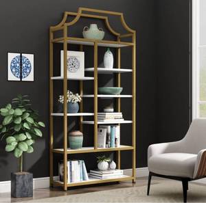lot 12325 image: $$$ $150 Loomie 70.87H x 31.5L 8-Shelf Open Bookcase, Tall Modern Bookcase in Gold & White for Home Office $$$