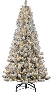 lot 12366 image: $$$ Puleo International 6.5 Pre-lit Flocked Virginia Pine Artifical 300 UL-Listed Clear Incandescent Lights Artificial Christmas Tree, Green $$$