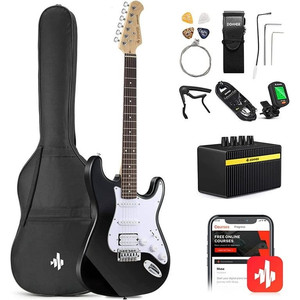 lot 12373 image: $$$ $160 Donner DST-100B 39 Electric Guitar Beginner Kit Solid Body Full Size HSS for Starter, with Amplifier, Bag, Digital Tuner, Capo, Strap, String, Cable, Picks, Black $$$