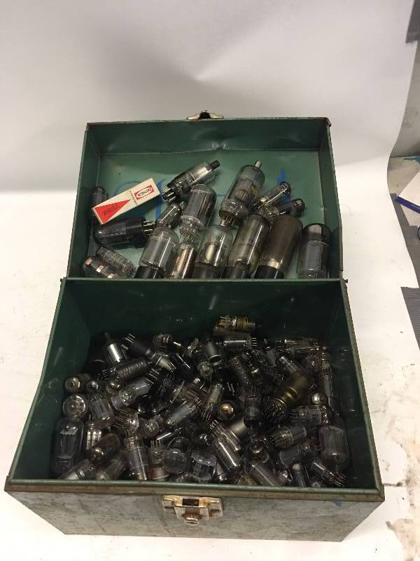 lot 192 image: METAL BOX OF OLD RADIO TV TUBES