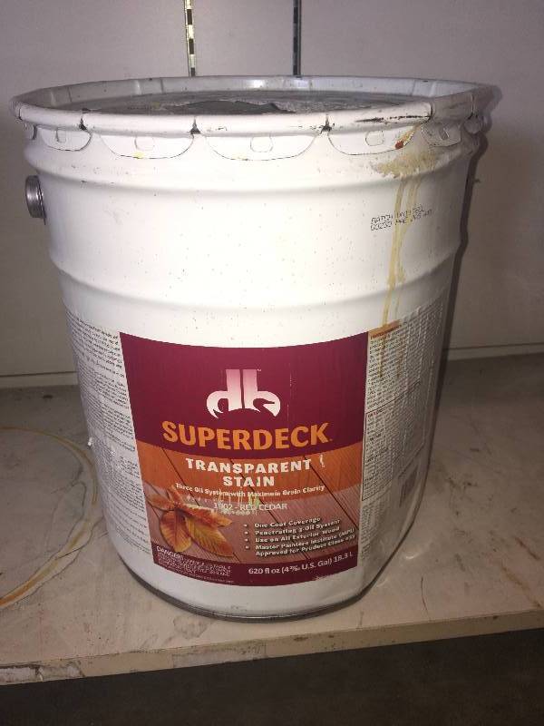 lot 175 image: 5 GALLONS OF SUPERDECK TRANSPARENT STAIN 1902 RED CEDAR