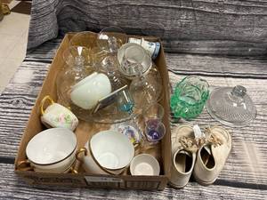 lot 12 image: Box lot- wine glasses, baby shoes, glass bowl, Creamer, shot glasses