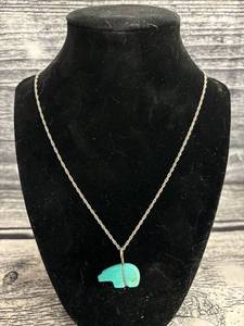 lot 48 image: Sterling silver chain necklace with bear turquoise stone