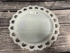 lot 67 image: Vintage Milk Glass Round Lace Heart Edge, Divided Serving Platter