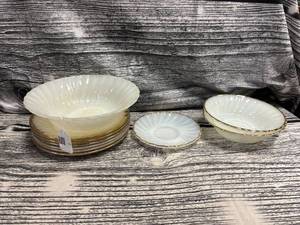 lot 92 image: misc fire king ivory swirl dishes- plates, serve bowl and bowls
