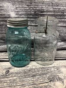 lot 106 image: Blue glass ball perfect mason, clear presto glass top jar