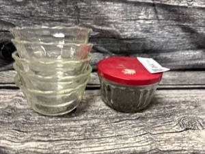lot 110 image: Clear fireking custard glass dishes, KERR jelly glass with lid