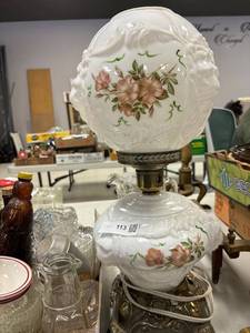 lot 113 image: vintage GWTW, milk glass lion faces, hand, painted floral lamp