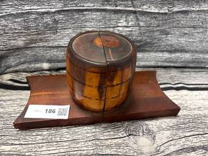 lot 186 image: vintage wood barrel book ends