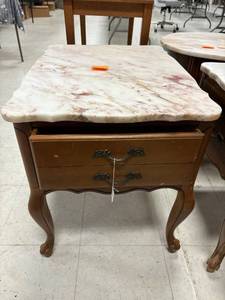 lot 210 image: Vintage marble top end tables, 22x19 12x 26