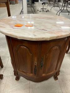 lot 211 image: Vintage Marble top round end table, with storage 23 in tall, 25 in diameter