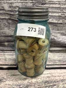lot 273 image: Vintage ball, perfect mason, jar, full with wooden spools, marked six on bottom