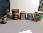 6 Pc. Antique Cans and 1 Glass Bottle Containers. Folgers Coffee and More.
