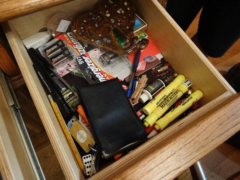 lot 588 image: Contents of drawers in china cabinet- Batteries, hardware, office items.