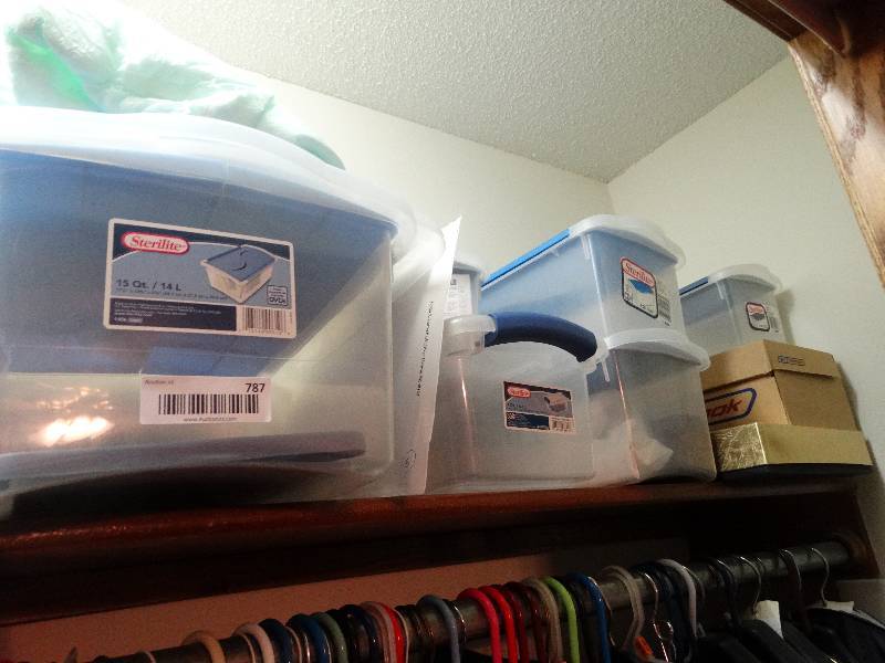 lot 787 image: Contents of Closet - Clothes, Bags, Clear Storage Drawers, misc.