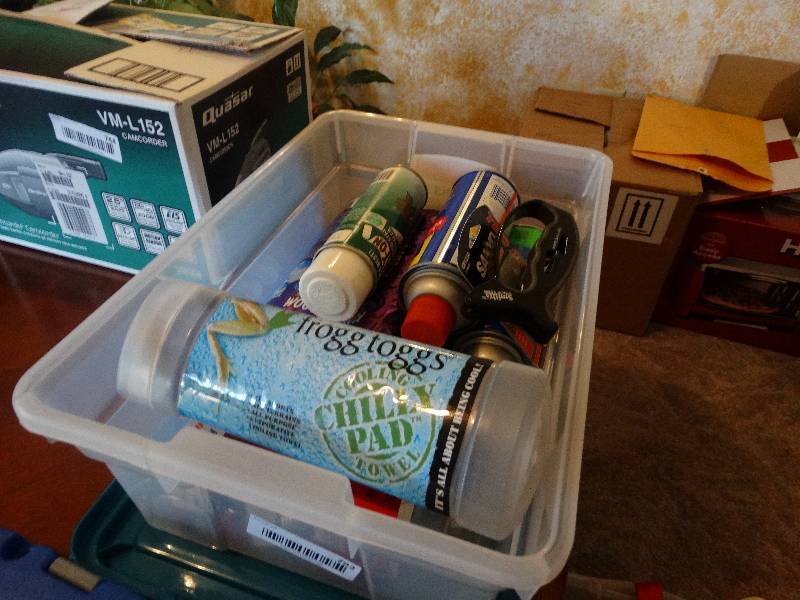 lot 792 image: Plastic Tub & Contents - Light Bulb, Cleaner, Frog Tog chilly pad