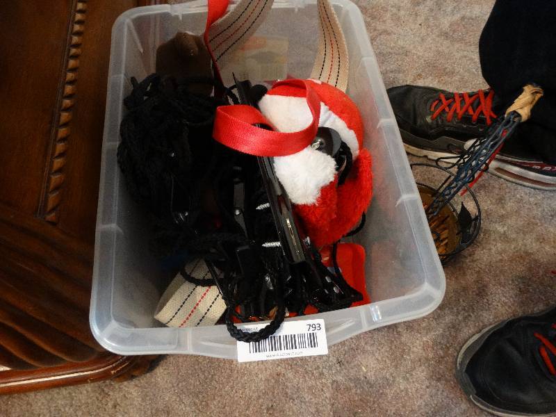 lot 793 image: Plastic Tub & Contents - Hanging Rack for Bicycle, Stuffed Animal, & Toys