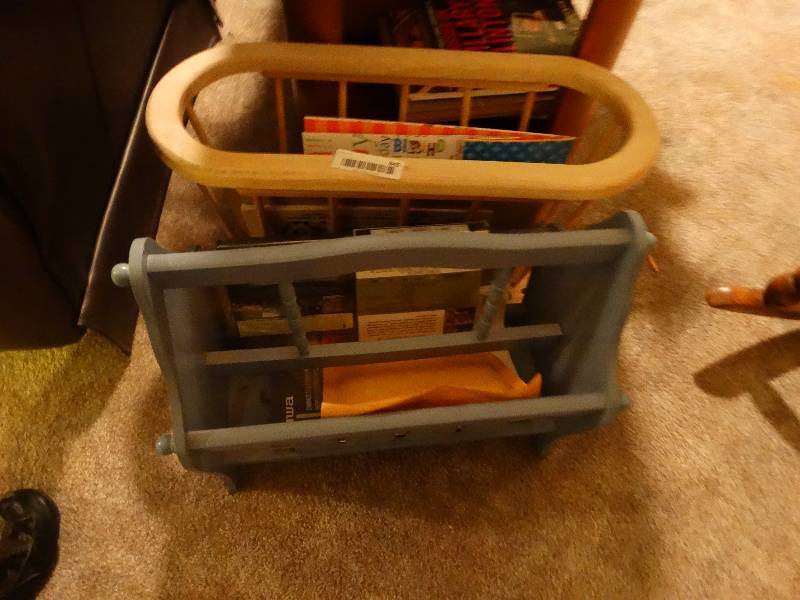 lot 845 image: Magazine Racks (2) w Contents - DVDs, Gift Bag, & misc.