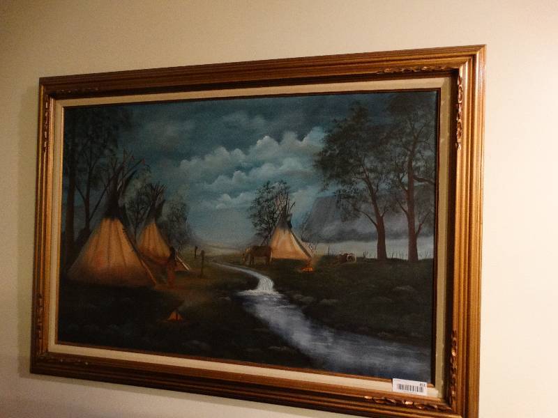 lot 851 image: Lg. Framed Original Oil on Canvas (Native American scene, signed)