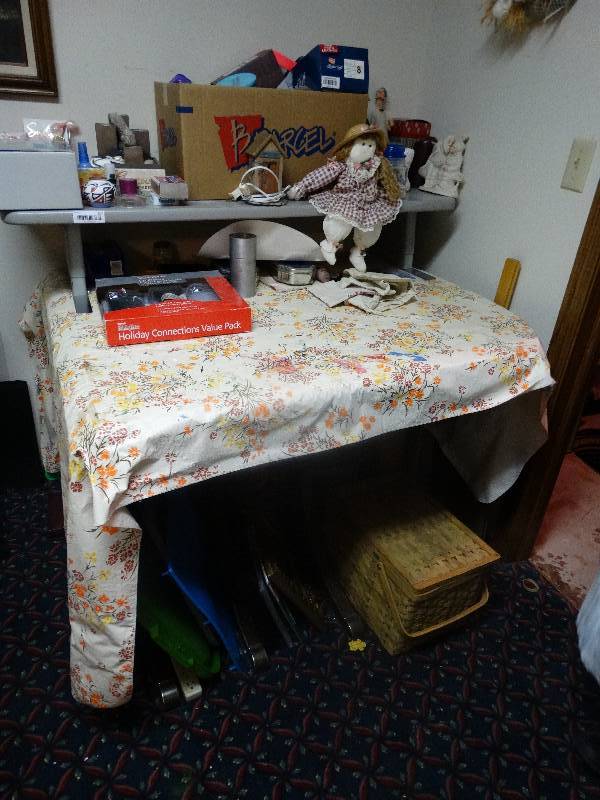lot 907 image: Drop Leaf Dining Table w Contents - Ceramics, Doll, Thread, & misc.