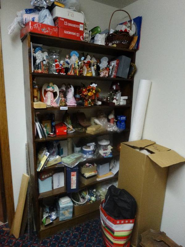 lot 910 image: Bookshelf & Contents - Ceramics & Supplies, Wrapping Paper, & misc.