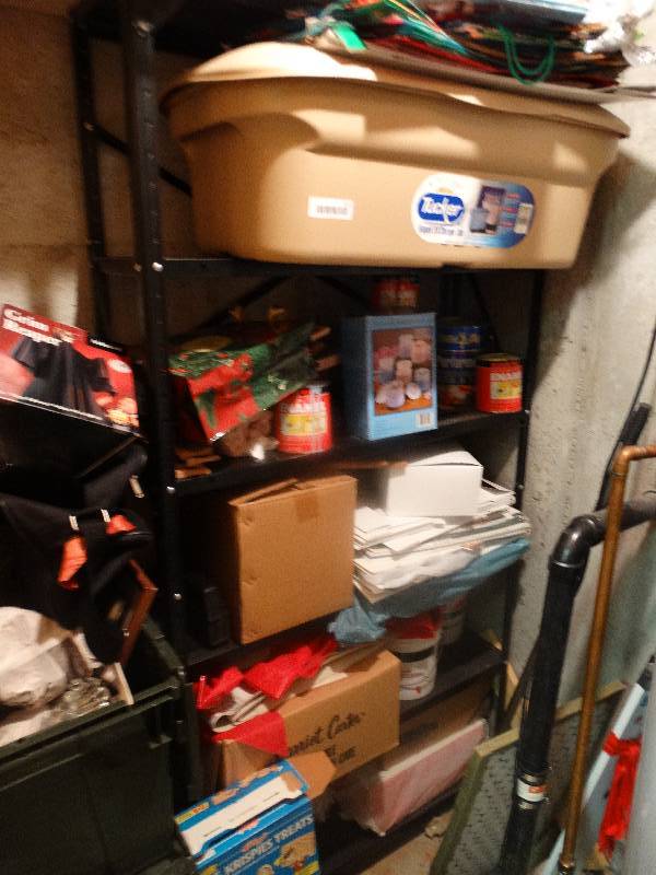 lot 911 image: Metal Shelf & Contents - Christmas Items, Tubs, & misc.
