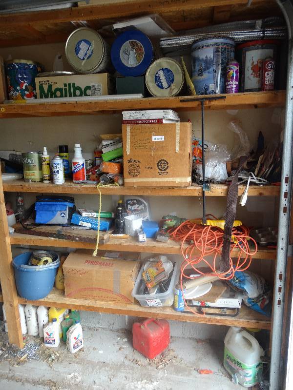 lot 973 image: Contents of garage shelves- Tools, hardware, paint, metal tins, misc.