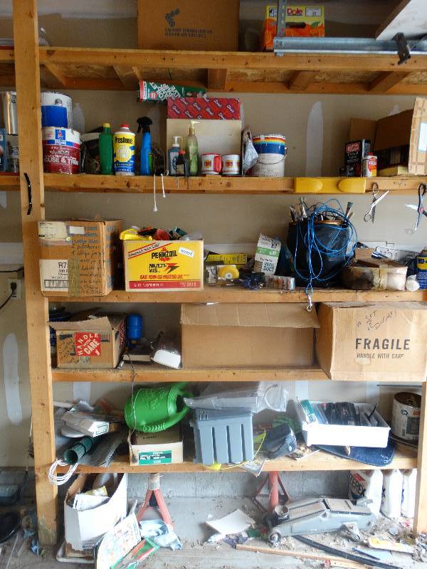 lot 974 image: Contents of garage shelves- Tools, hardware, paint, metal tins, misc.