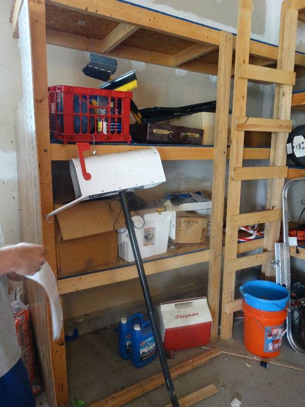 lot 998 image: Contents of shelving in garage- Christmas decor, tools, hardware, buckets, misc.