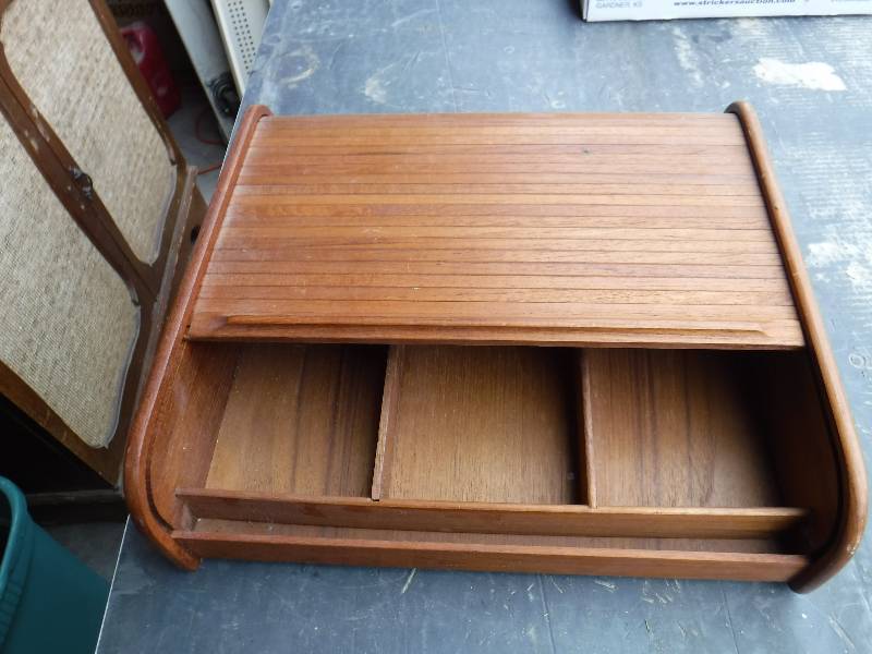 lot 3028 image: Vintage Teak Roll Top Mid Century Storage Desk Organizer