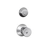 lot 7682 image: Schlage FB50N V BEL 626 B60 Single Cylinder Deadbolt and F51 Keyed Entry Bell Knob Keyed Alike, Satin Chrome finish