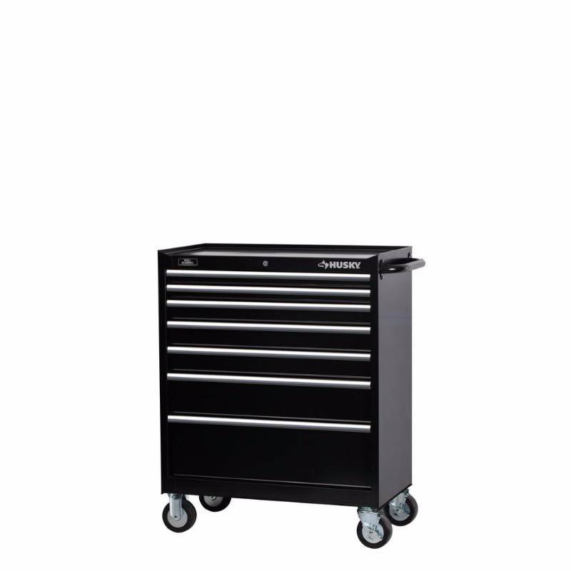 lot 7704 image: Wiremold Bottom Rollaway Chests Husky Tool StorageFittings & Kits 34 in. W 7-Drawer Tool Cabinet, Black H347TR