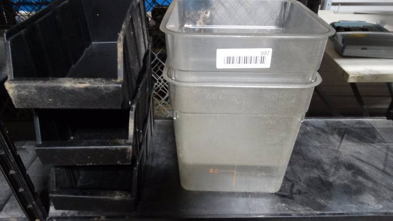 lot 102 image: 2 plastic food containers & 3 small plastic parts bins