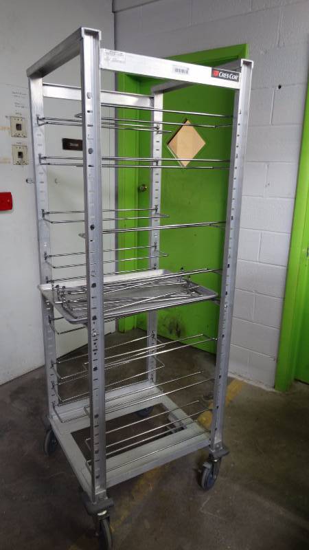 lot 143 image: Heavy duty meat rack on wheels w brake.