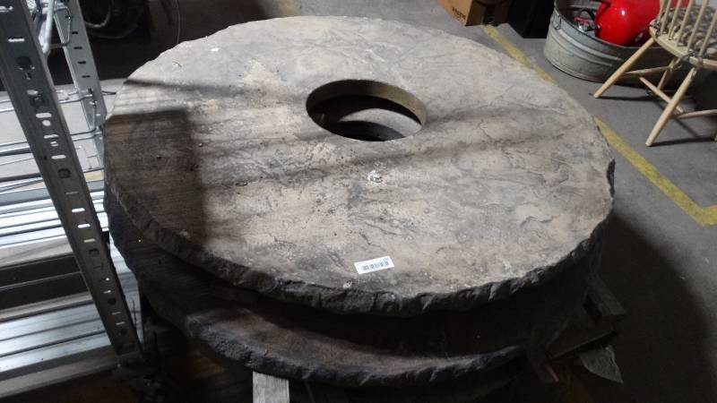 lot 150 image: Pallet of 5 round cement table tops- 48 round